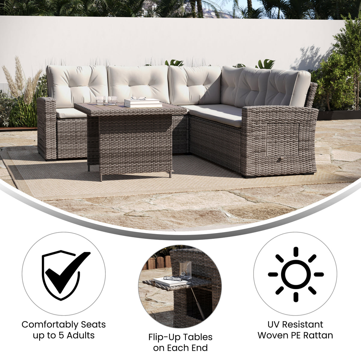 Beige Cushions/Brown Frame |#| Indoor/Outdoor Conversation Set with Sofa and Table in Beige & Brown