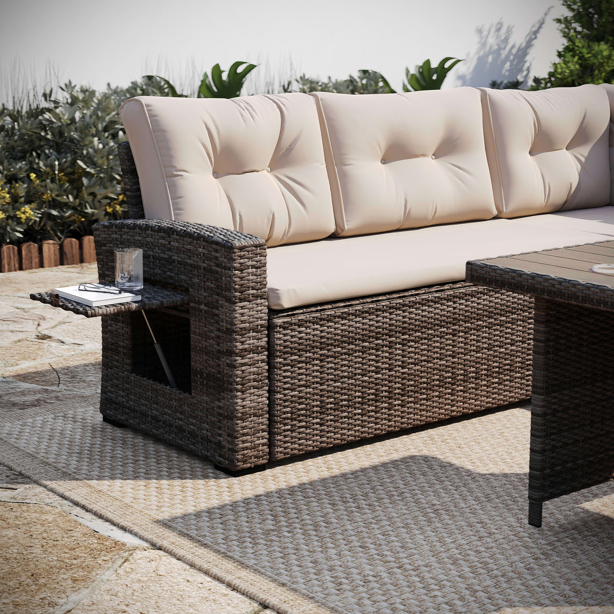 Beige Cushions/Brown Frame |#| Indoor/Outdoor Conversation Set with Sofa and Table in Beige & Brown