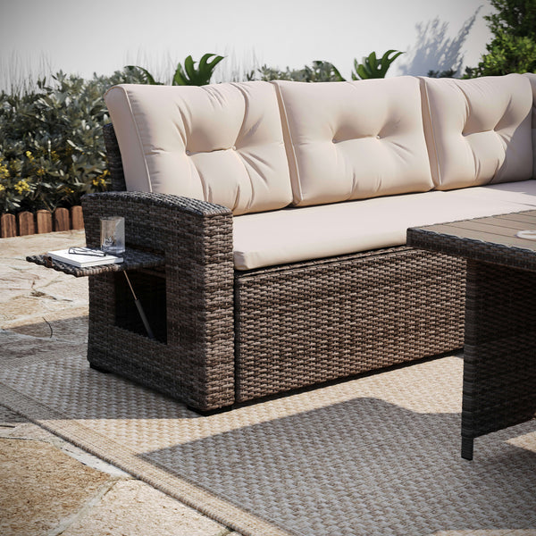 Beige Cushions/Brown Frame |#| Indoor/Outdoor Conversation Set with Sofa and Table in Beige & Brown
