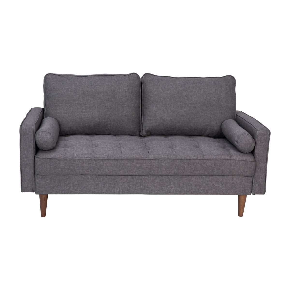 Dark Gray |#| Compact Dark Gray Faux Linen Upholstered Tufted Loveseat with Wooden Legs