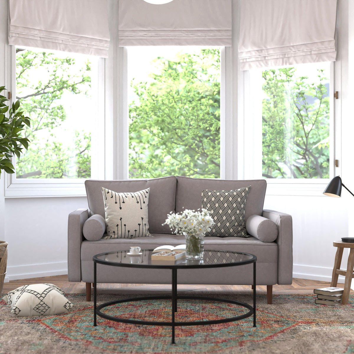 Slate Gray |#| Compact Slate Gray Faux Linen Upholstered Tufted Loveseat with Wooden Legs