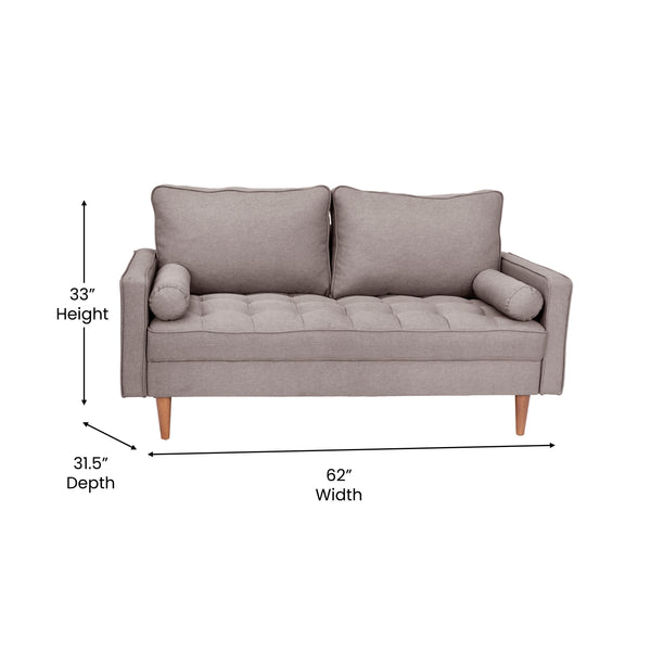 Slate Gray |#| Compact Slate Gray Faux Linen Upholstered Tufted Loveseat with Wooden Legs