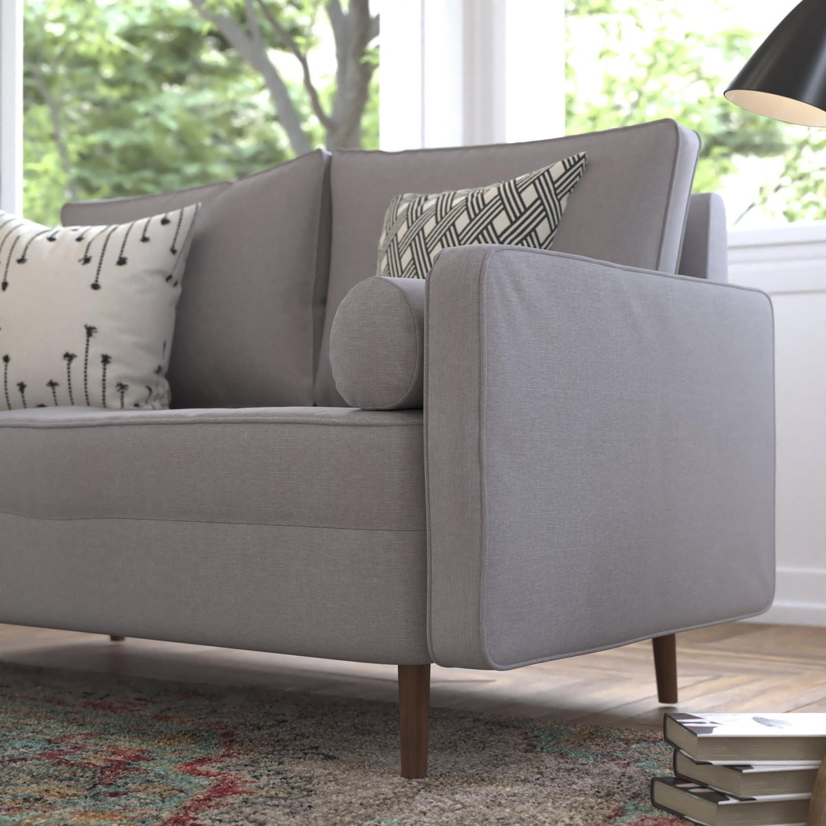 Slate Gray |#| Compact Slate Gray Faux Linen Upholstered Tufted Loveseat with Wooden Legs