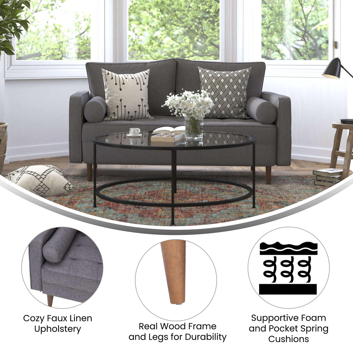 Dark Gray |#| Compact Dark Gray Faux Linen Upholstered Tufted Loveseat with Wooden Legs