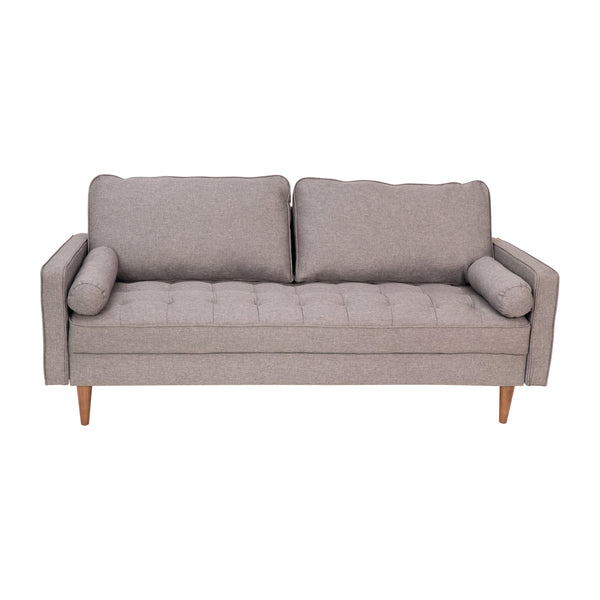 Slate Gray |#| Compact Slate Gray Faux Linen Upholstered Tufted Sofa with Wooden Legs