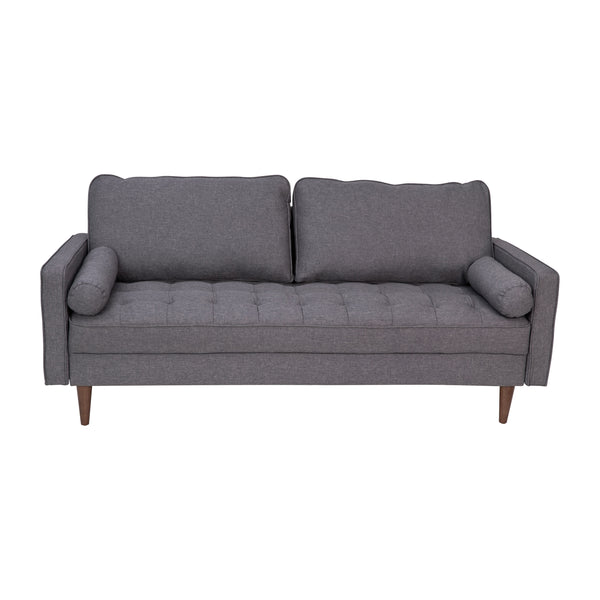 Dark Gray |#| Compact Dark Gray Faux Linen Upholstered Tufted Sofa with Wooden Legs