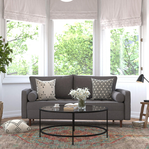 Dark Gray |#| Compact Dark Gray Faux Linen Upholstered Tufted Sofa with Wooden Legs