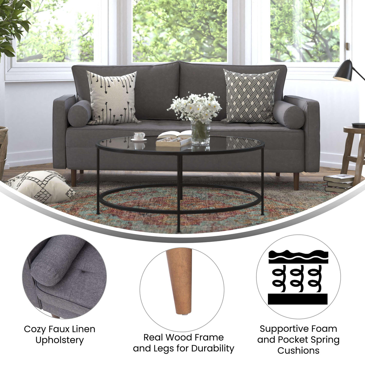 Dark Gray |#| Compact Dark Gray Faux Linen Upholstered Tufted Sofa with Wooden Legs