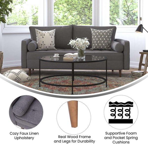Dark Gray |#| Compact Dark Gray Faux Linen Upholstered Tufted Sofa with Wooden Legs