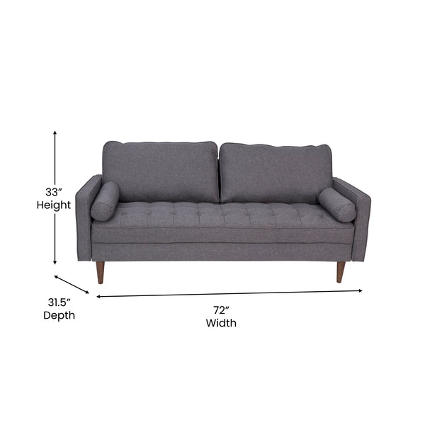 Dark Gray |#| Compact Dark Gray Faux Linen Upholstered Tufted Sofa with Wooden Legs