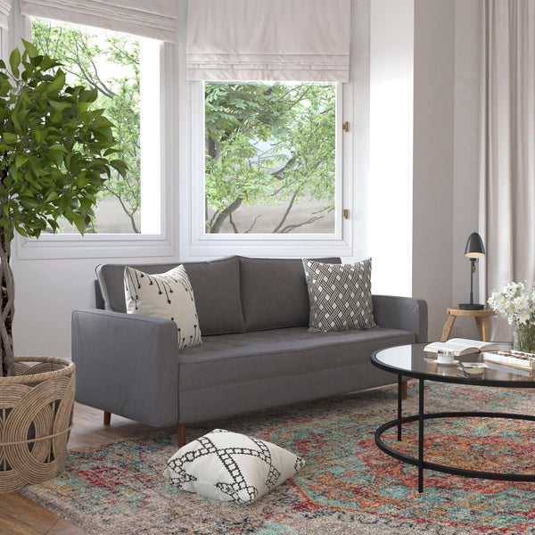 Dark Gray |#| Compact Dark Gray Faux Linen Upholstered Tufted Sofa with Wooden Legs
