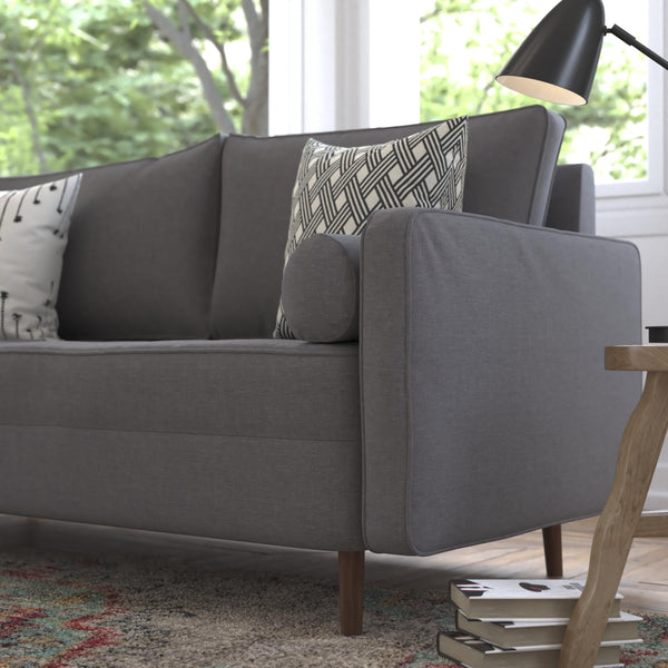 Dark Gray |#| Compact Dark Gray Faux Linen Upholstered Tufted Sofa with Wooden Legs