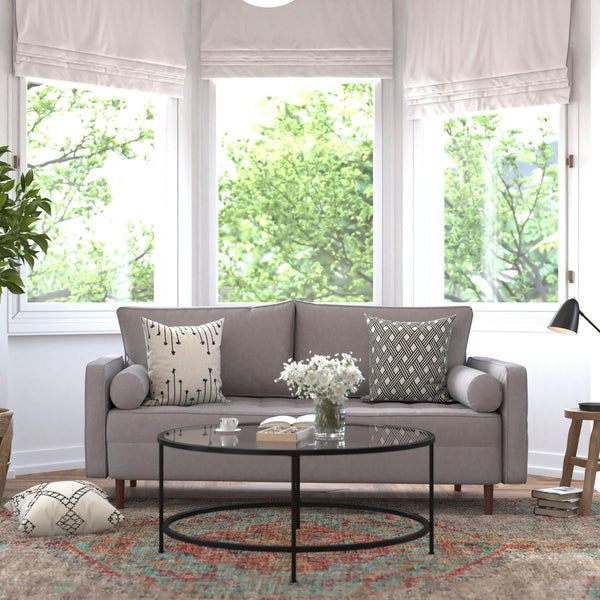 Slate Gray |#| Compact Slate Gray Faux Linen Upholstered Tufted Sofa with Wooden Legs