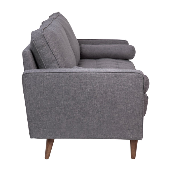 Dark Gray |#| Compact Dark Gray Faux Linen Upholstered Tufted Sofa with Wooden Legs