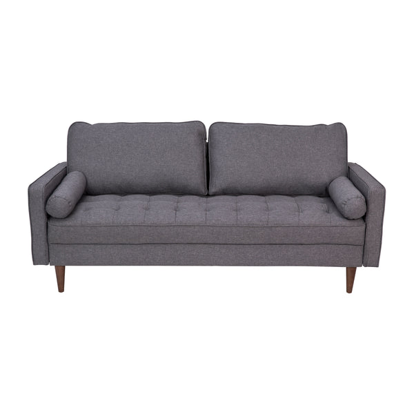 Dark Gray |#| Compact Dark Gray Faux Linen Upholstered Tufted Sofa with Wooden Legs