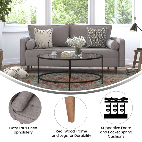 Slate Gray |#| Compact Slate Gray Faux Linen Upholstered Tufted Sofa with Wooden Legs