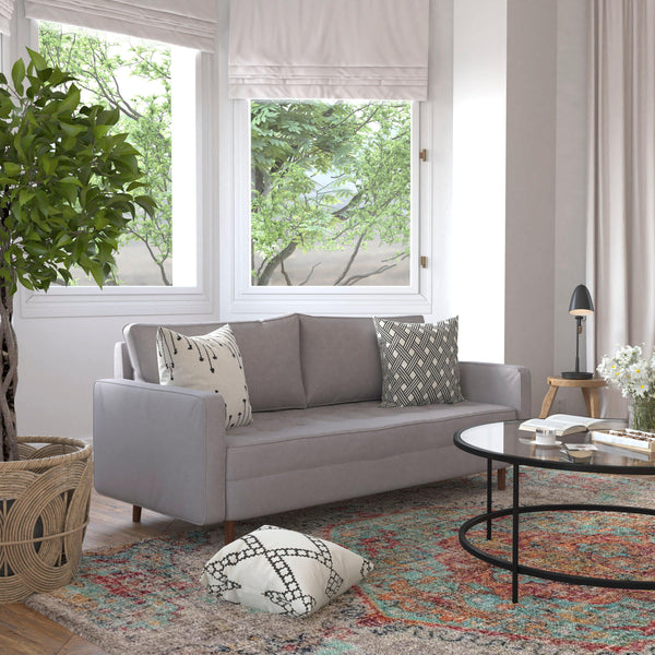 Slate Gray |#| Compact Slate Gray Faux Linen Upholstered Tufted Sofa with Wooden Legs
