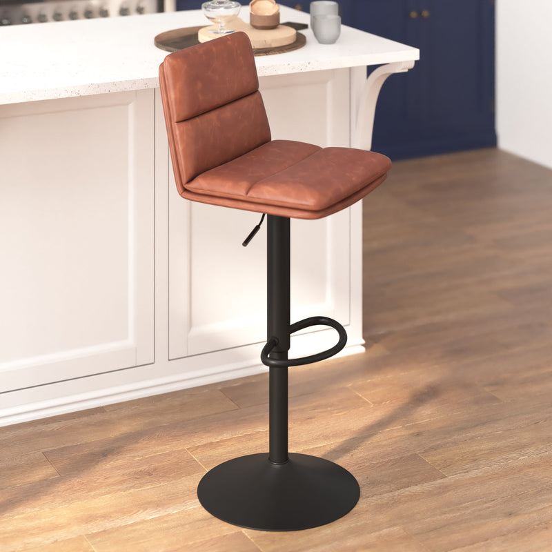 Cognac |#| Set of 2 Commercial Armless Adjustable Height Barstools in Cognac LeatherSoft