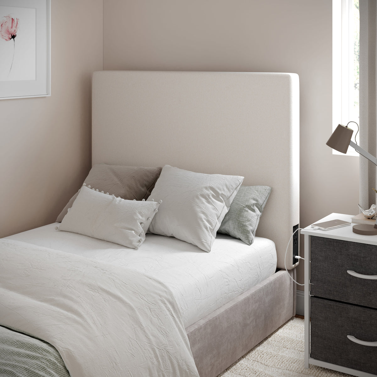 Beige |#| Upholstered Twin Headboard with 2 Power Outlets, 1 USB, 1 USB-C Port in Beige