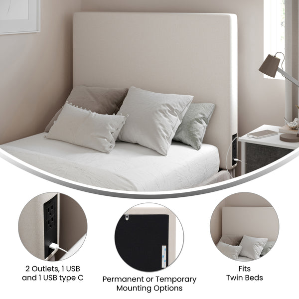 Beige |#| Upholstered Twin Headboard with 2 Power Outlets, 1 USB, 1 USB-C Port in Beige