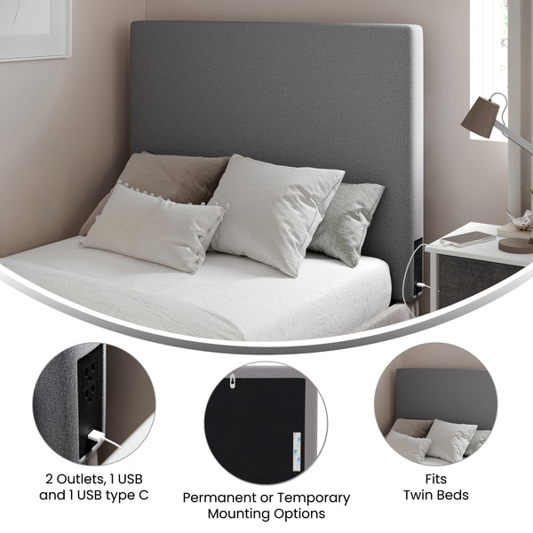 Gray |#| Upholstered Twin Headboard with 2 Power Outlets, 1 USB, 1 USB-C Port in Gray
