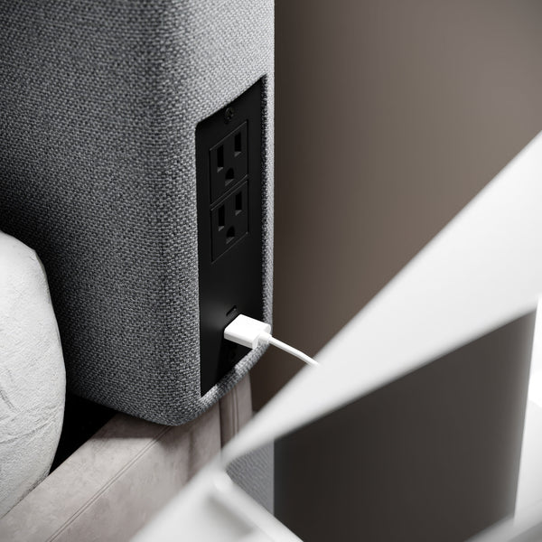 Gray |#| Upholstered Twin Headboard with 2 Power Outlets, 1 USB, 1 USB-C Port in Gray