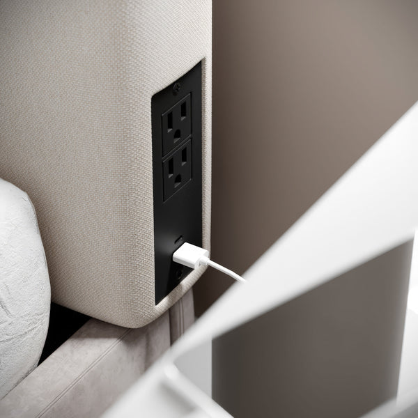 Beige |#| Upholstered Twin Headboard with 2 Power Outlets, 1 USB, 1 USB-C Port in Beige