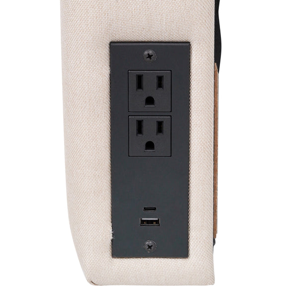 Beige |#| Upholstered Twin Headboard with 2 Power Outlets, 1 USB, 1 USB-C Port in Beige