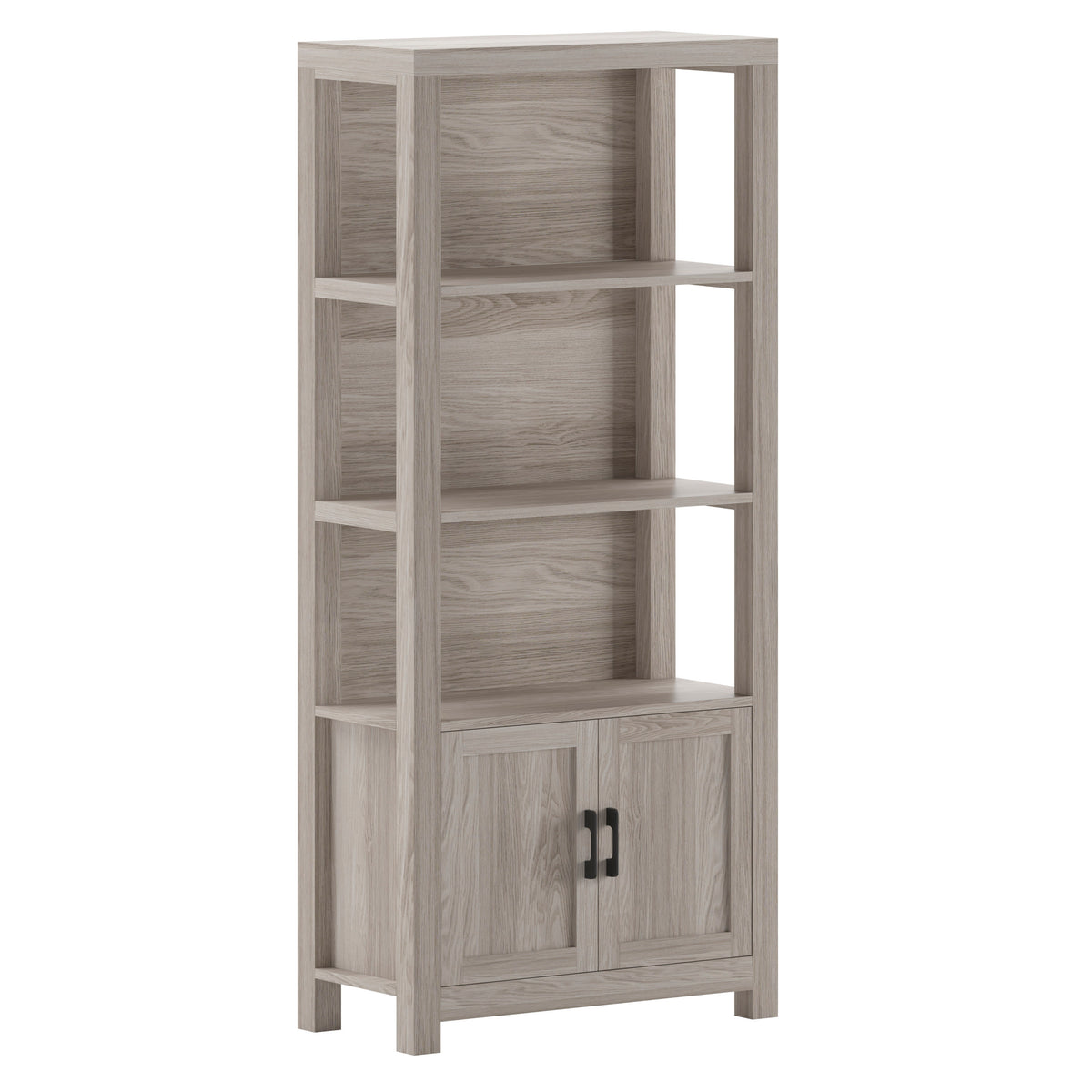 Gray Frame/Oil Rubbed Bronze Hardware |#| Gray Wash 4 Tier Shaker Style Bookcase with Cabinet and Oil Rubbed Brnz Hardware