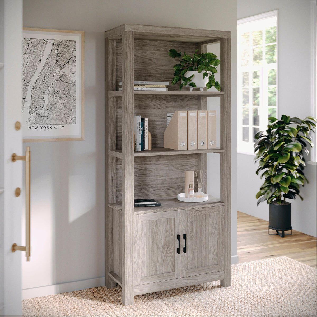 Gray Frame/Oil Rubbed Bronze Hardware |#| Gray Wash 4 Tier Shaker Style Bookcase with Cabinet and Oil Rubbed Brnz Hardware