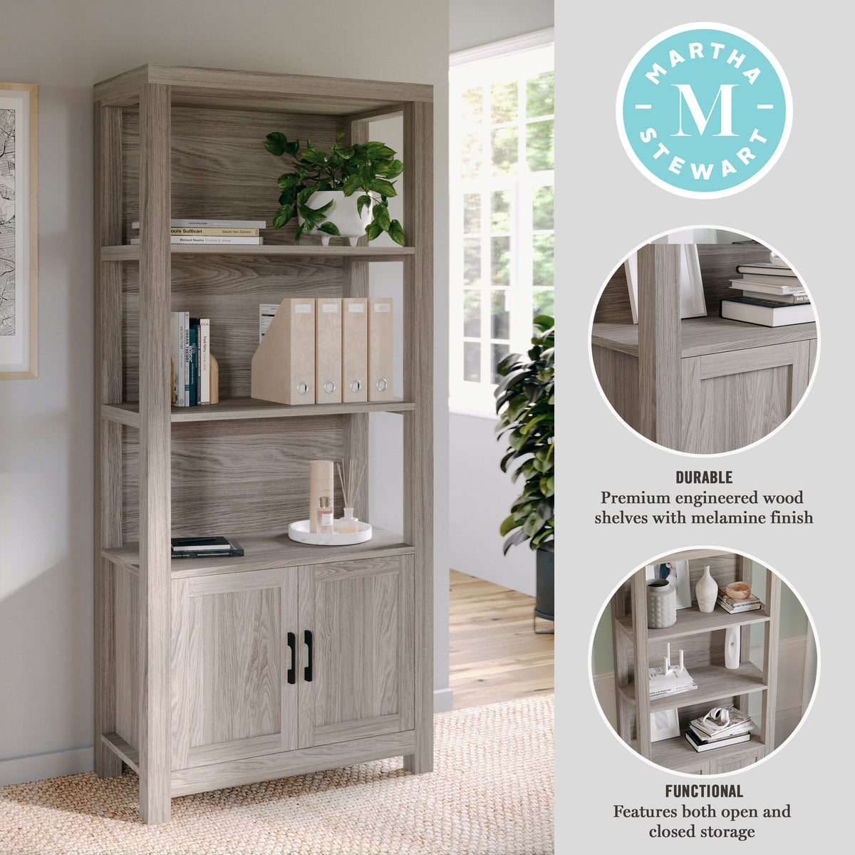 Gray Frame/Oil Rubbed Bronze Hardware |#| Gray Wash 4 Tier Shaker Style Bookcase with Cabinet and Oil Rubbed Brnz Hardware