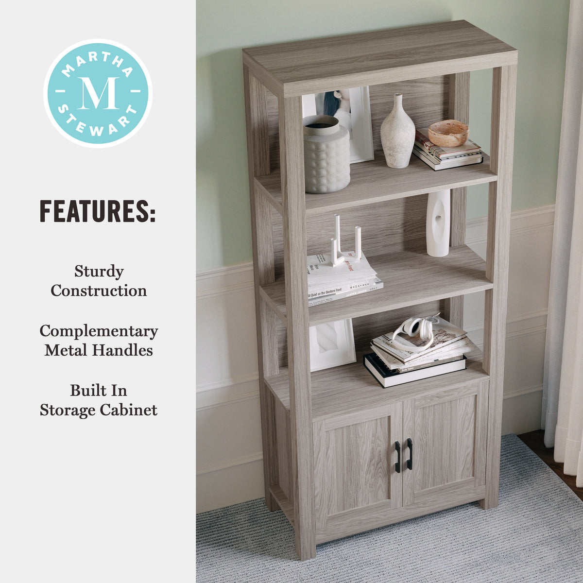 Gray Frame/Oil Rubbed Bronze Hardware |#| Gray Wash 4 Tier Shaker Style Bookcase with Cabinet and Oil Rubbed Brnz Hardware