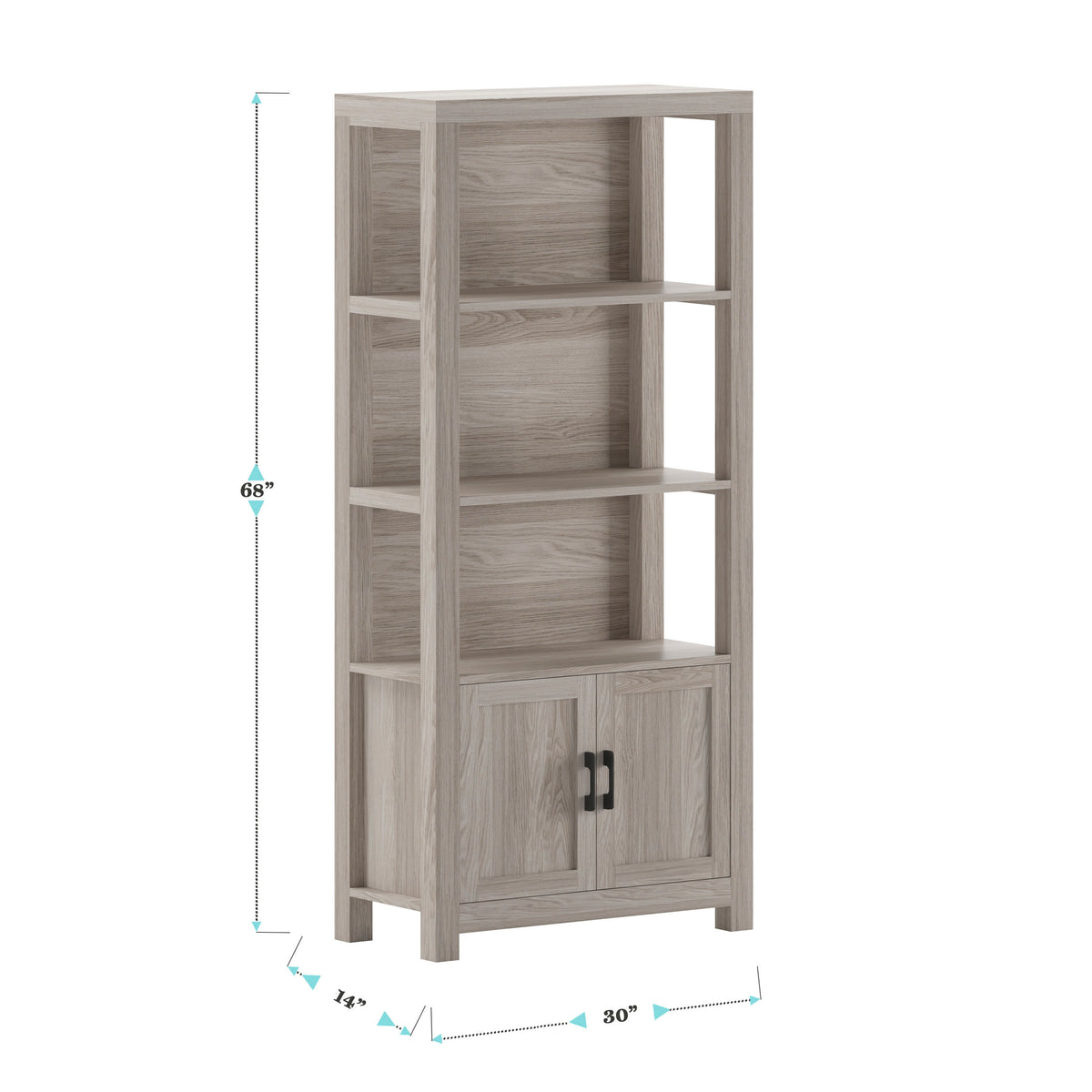 Gray Frame/Oil Rubbed Bronze Hardware |#| Gray Wash 4 Tier Shaker Style Bookcase with Cabinet and Oil Rubbed Brnz Hardware