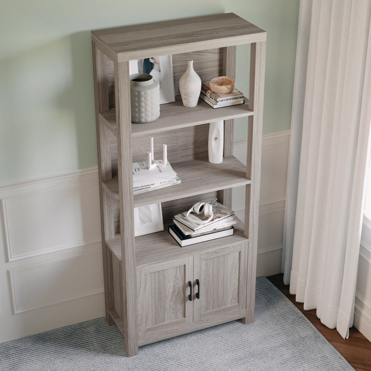 Gray Frame/Oil Rubbed Bronze Hardware |#| Gray Wash 4 Tier Shaker Style Bookcase with Cabinet and Oil Rubbed Brnz Hardware