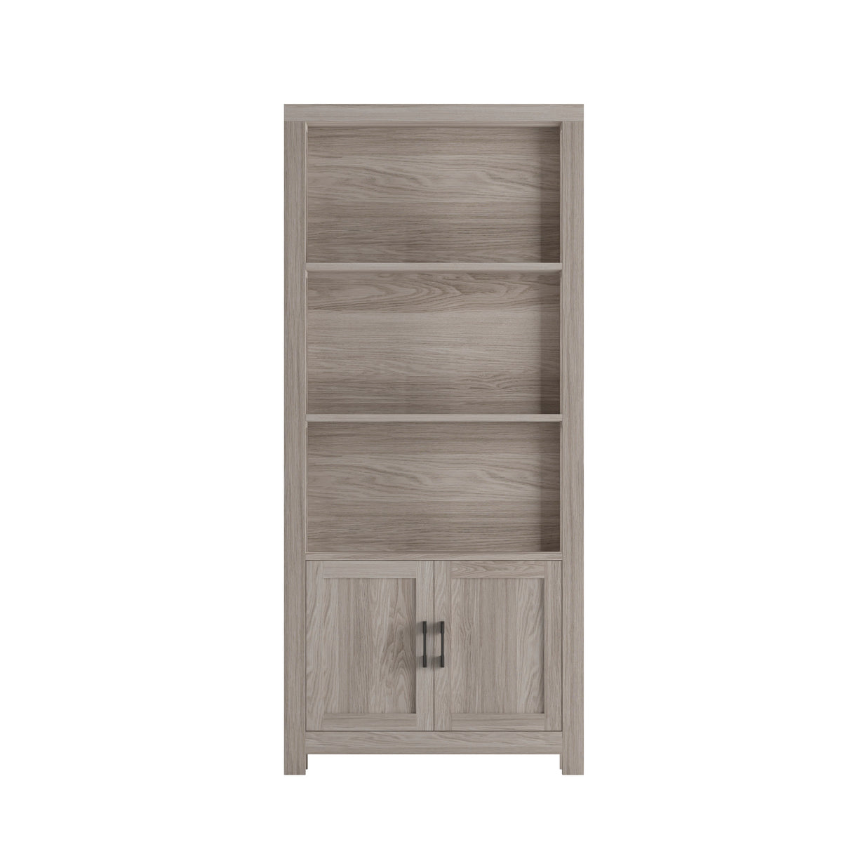 Gray Frame/Oil Rubbed Bronze Hardware |#| Gray Wash 4 Tier Shaker Style Bookcase with Cabinet and Oil Rubbed Brnz Hardware