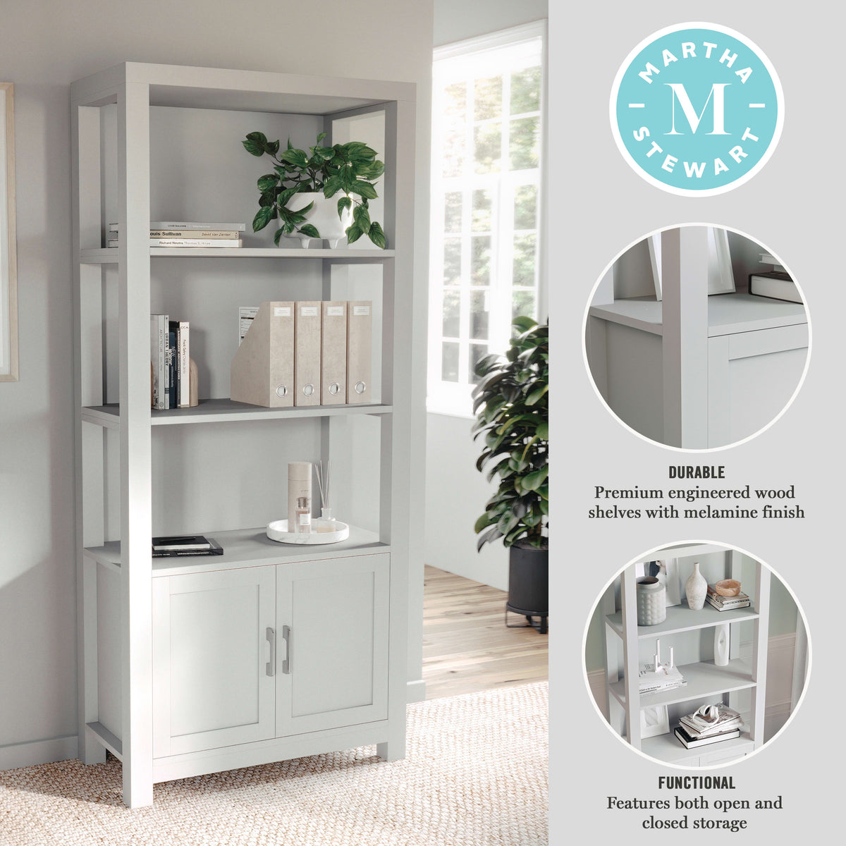 Gray Frame/Brushed Nickel Hardware |#| Gray 4 Tier Shaker Style Bookcase with Cabinet and Brushed Nickel Hardware