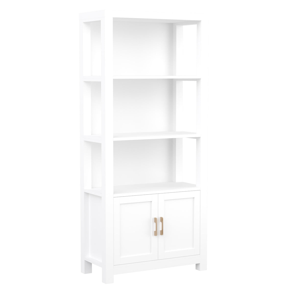 White Frame/Polished Brass Hardware |#| White 4 Tier Shaker Style Bookcase with Cabinet and Polished Brass Hardware