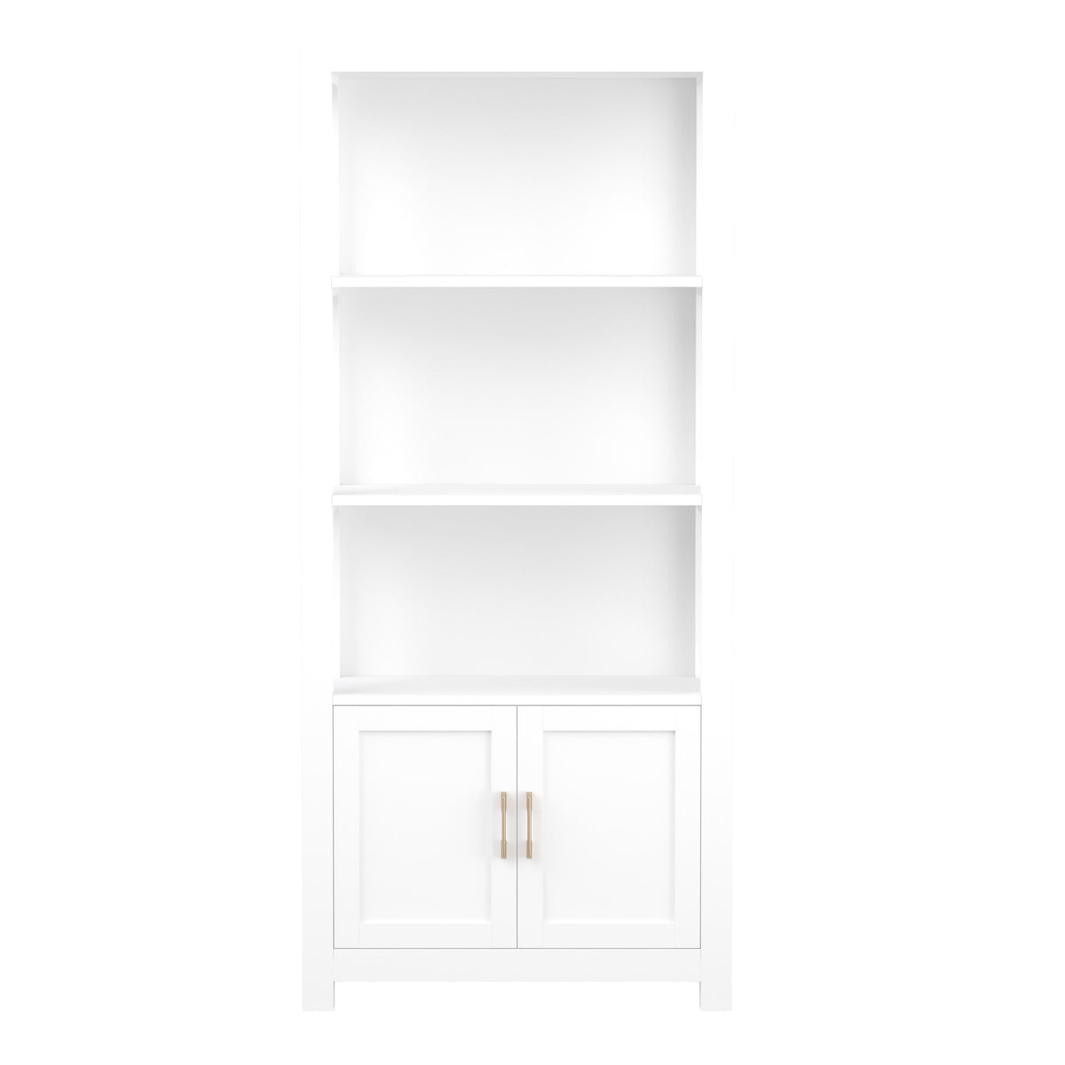 White Frame/Polished Brass Hardware |#| White 4 Tier Shaker Style Bookcase with Cabinet and Polished Brass Hardware