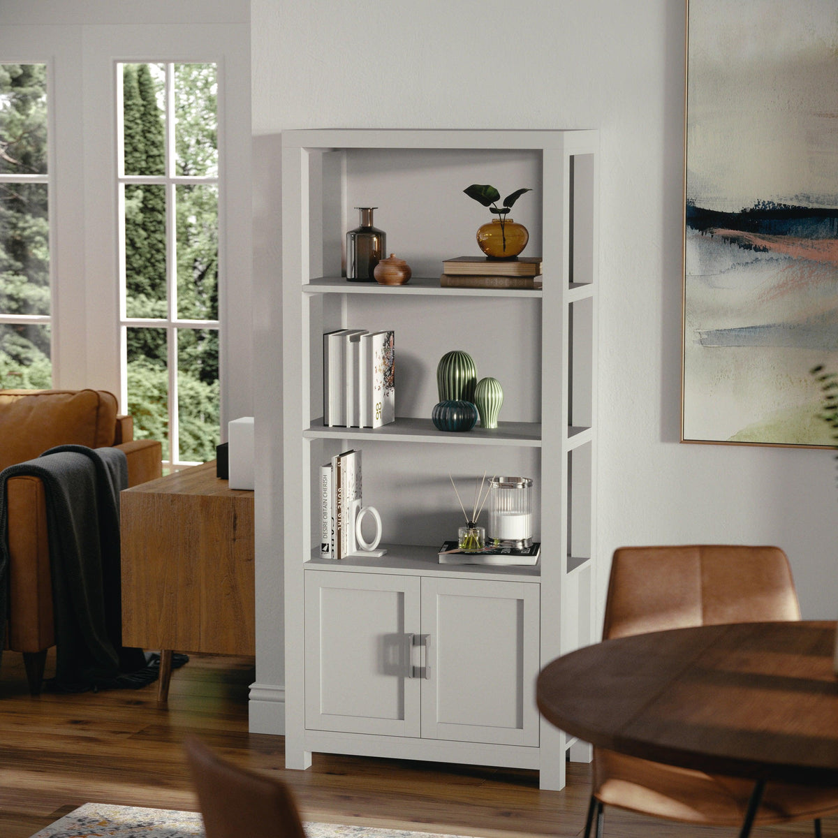 Gray Frame/Brushed Nickel Hardware |#| Gray 4 Tier Shaker Style Bookcase with Cabinet and Brushed Nickel Hardware