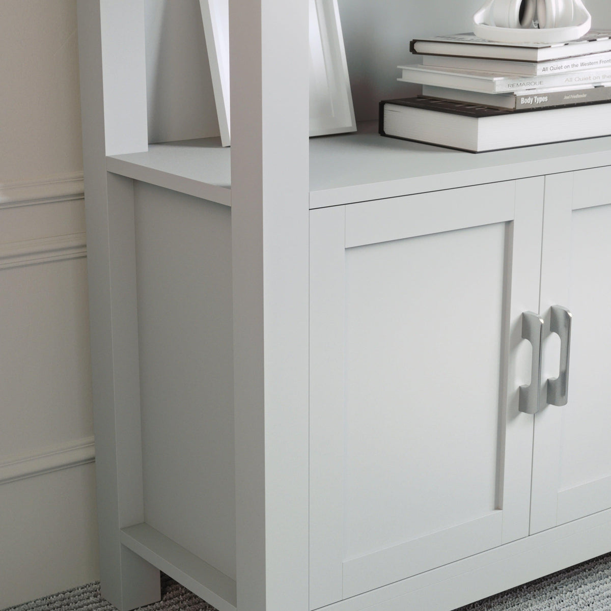 Gray Frame/Brushed Nickel Hardware |#| Gray 4 Tier Shaker Style Bookcase with Cabinet and Brushed Nickel Hardware