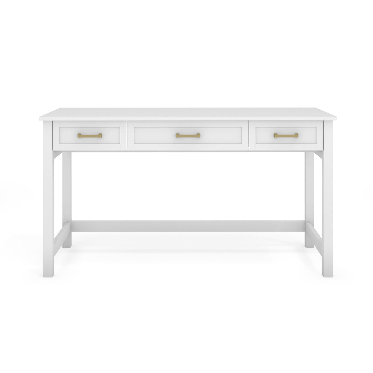 White Frame/Polished Brass Hardware |#| White Shaker Style Home Office Desk with 3 Drawers and Polished Brass Hardware