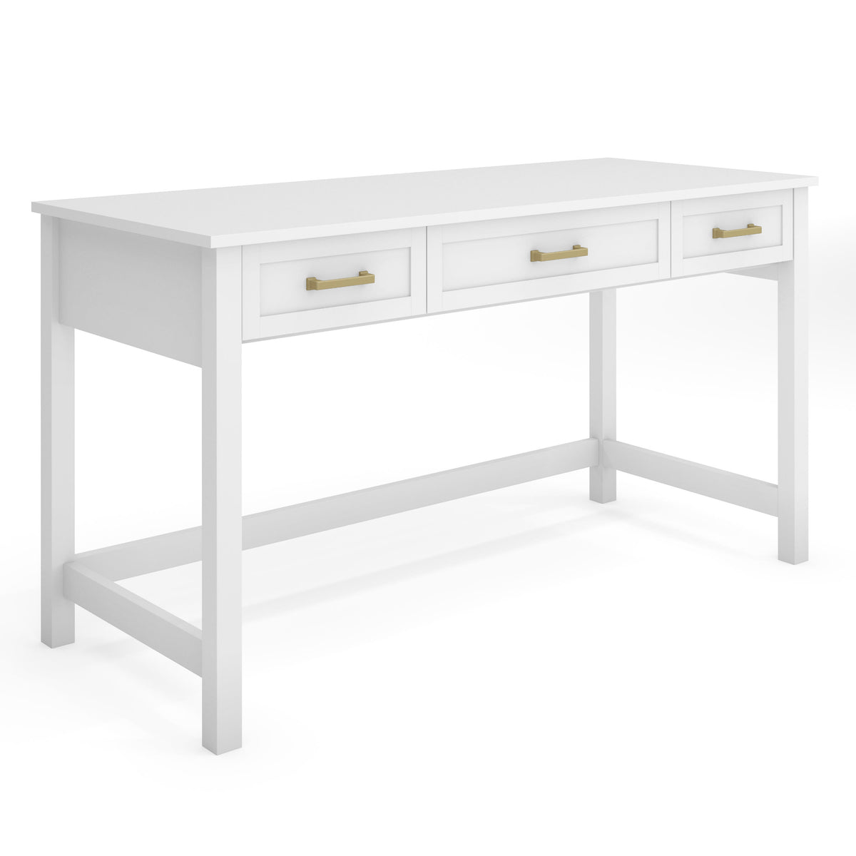 White Frame/Polished Brass Hardware |#| White Shaker Style Home Office Desk with 3 Drawers and Polished Brass Hardware