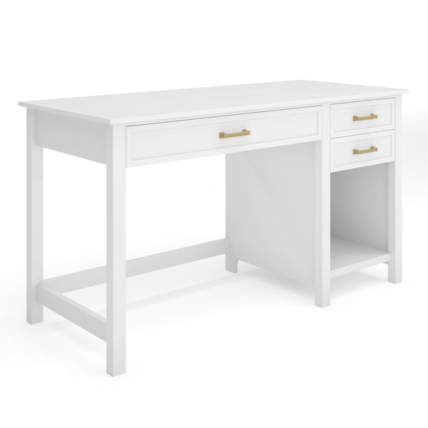 White Shaker Style Home Office Desk with 2 Side Drawers, Polished Brass Hardware
