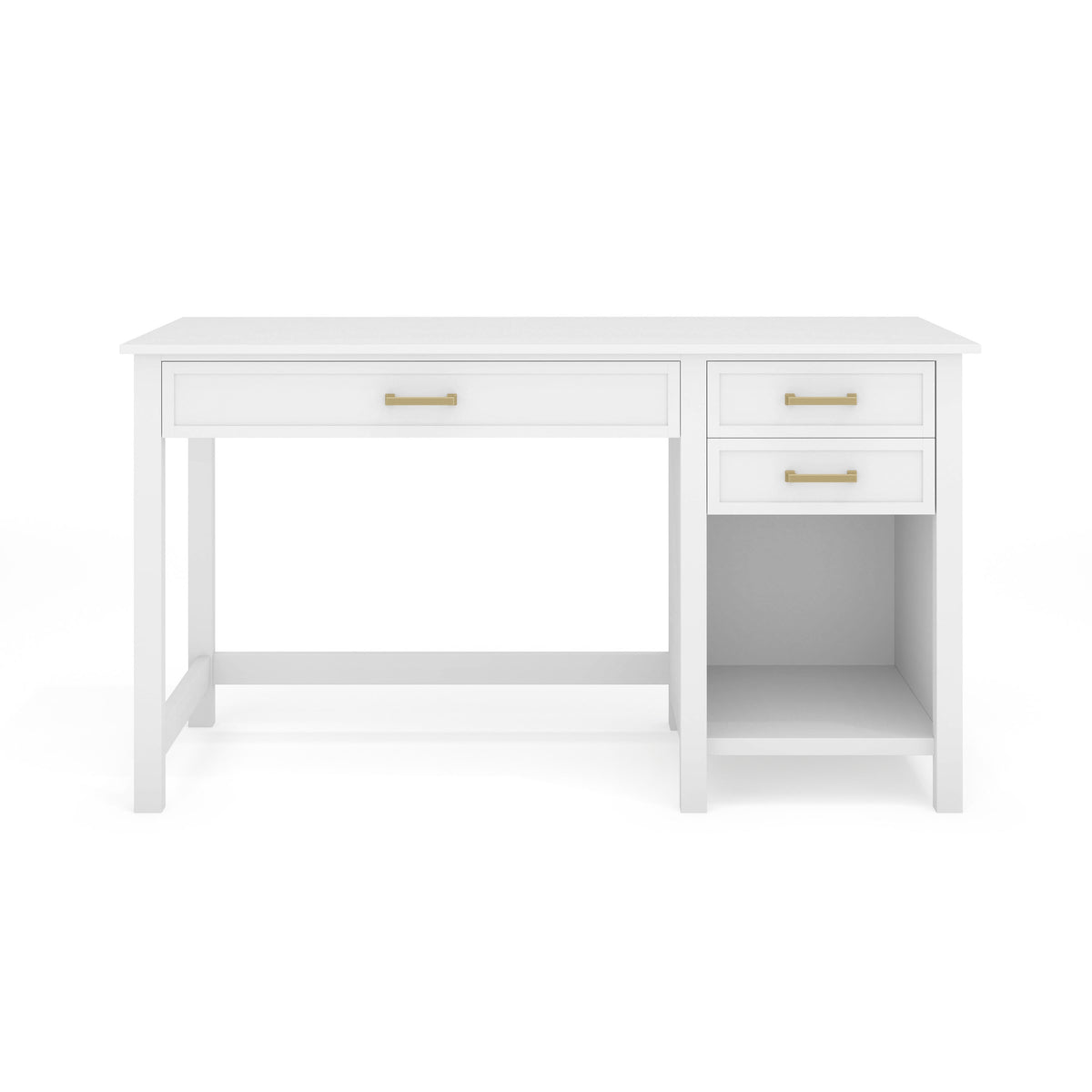 White Shaker Style Home Office Desk with 2 Side Drawers, Polished Brass Hardware