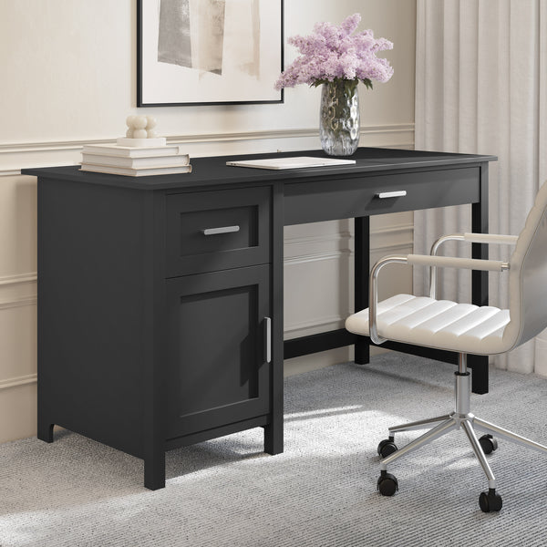 Black Frame/Brushed Nickel Hardware |#| Black Shaker Style Home Office Desk with Storage and Brushed Nickel Hardware