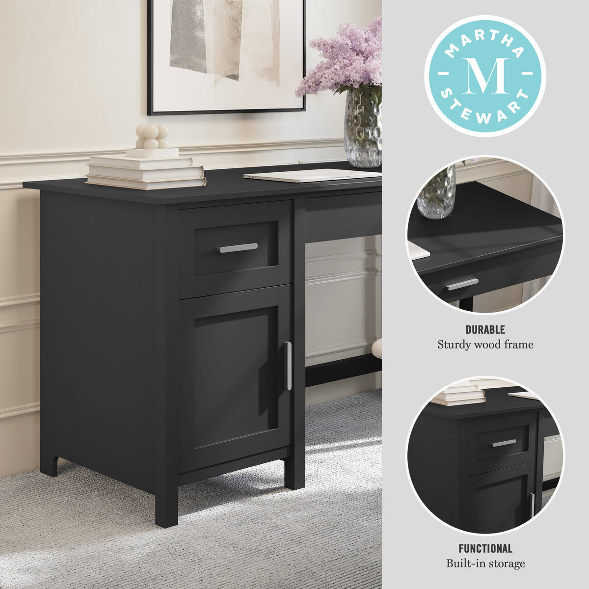 Black Frame/Brushed Nickel Hardware |#| Black Shaker Style Home Office Desk with Storage and Brushed Nickel Hardware