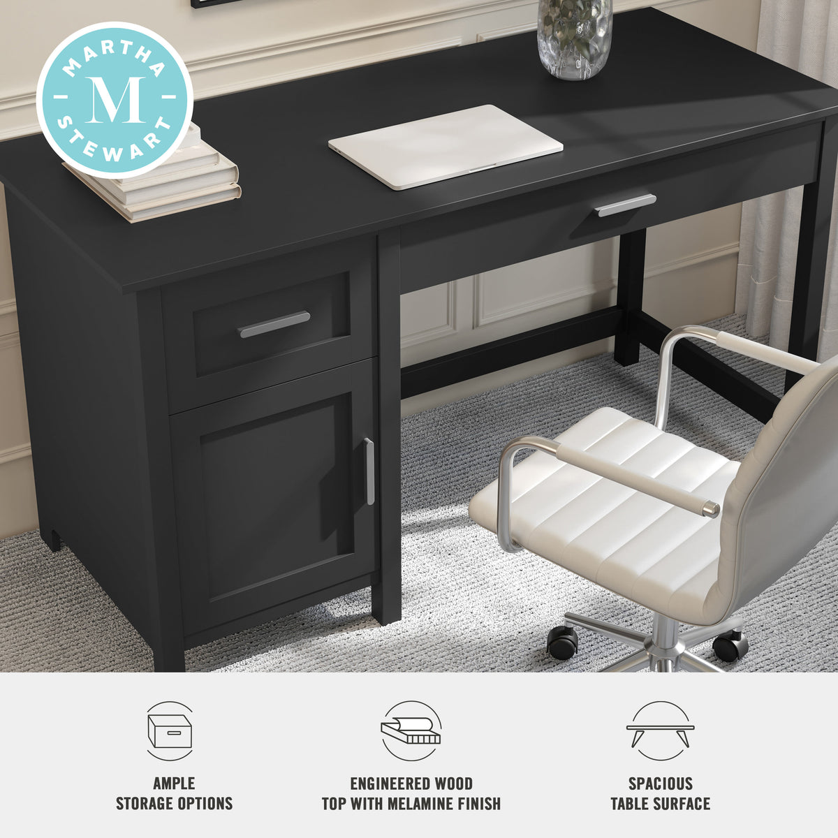 Black Frame/Brushed Nickel Hardware |#| Black Shaker Style Home Office Desk with Storage and Brushed Nickel Hardware