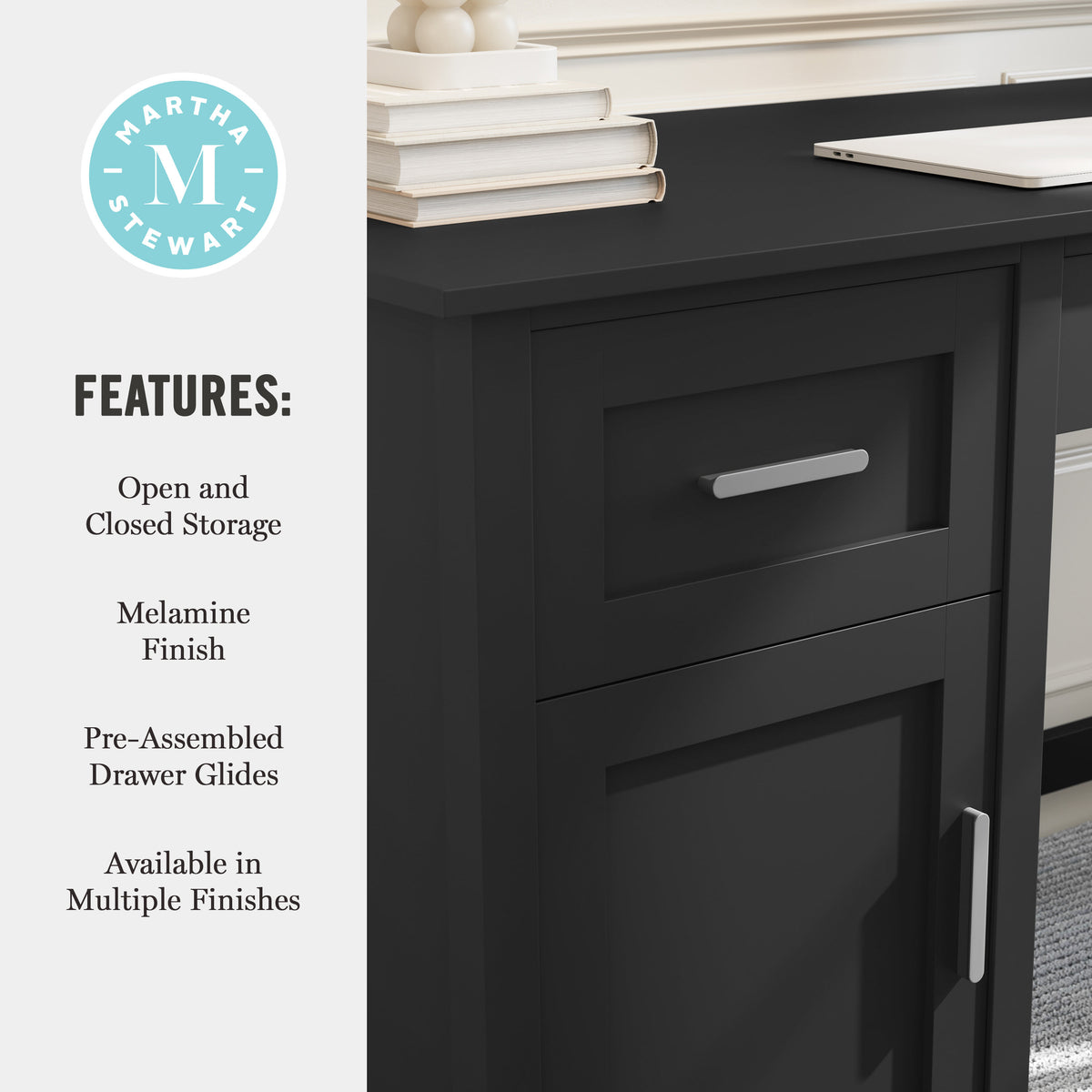 Black Frame/Brushed Nickel Hardware |#| Black Shaker Style Home Office Desk with Storage and Brushed Nickel Hardware