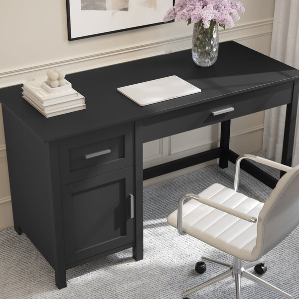 Black Frame/Brushed Nickel Hardware |#| Black Shaker Style Home Office Desk with Storage and Brushed Nickel Hardware