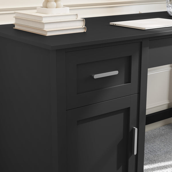 Black Frame/Brushed Nickel Hardware |#| Black Shaker Style Home Office Desk with Storage and Brushed Nickel Hardware